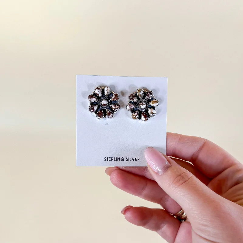 Elegant Wedding Earrings-Hada Collection | Handmade Sterling Silver Flower Cluster Stud Earrings with Wild Horse Remix Stones