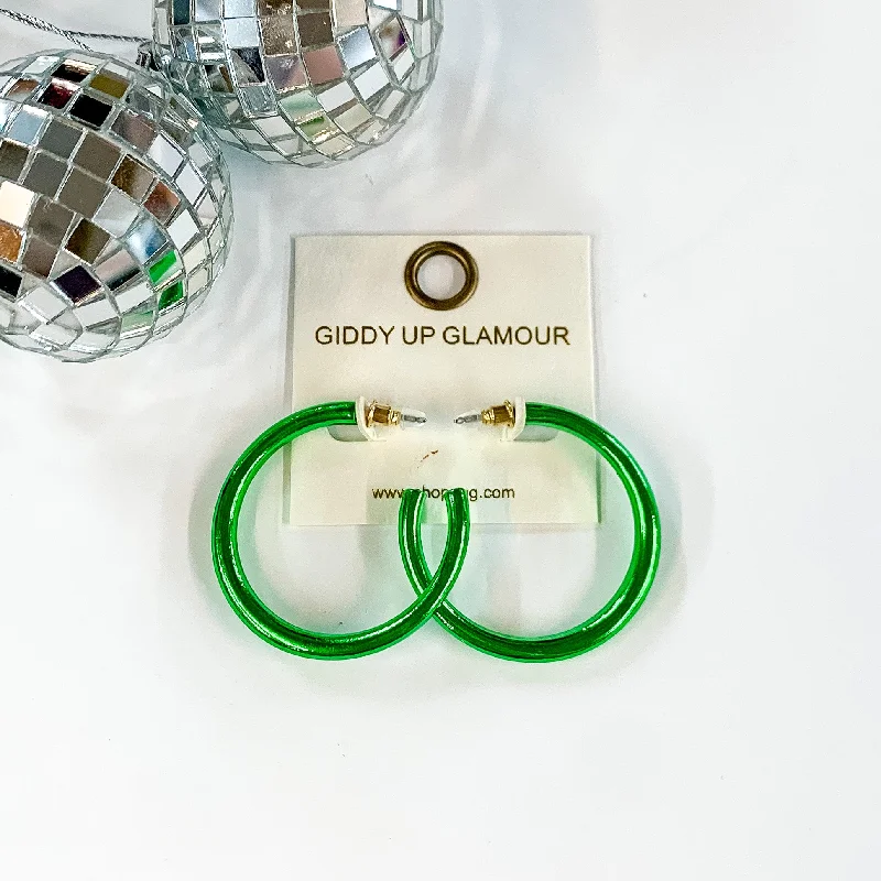 Silver Earrings with Crystals-Light Up Medium Neon Hoop Earrings In Green