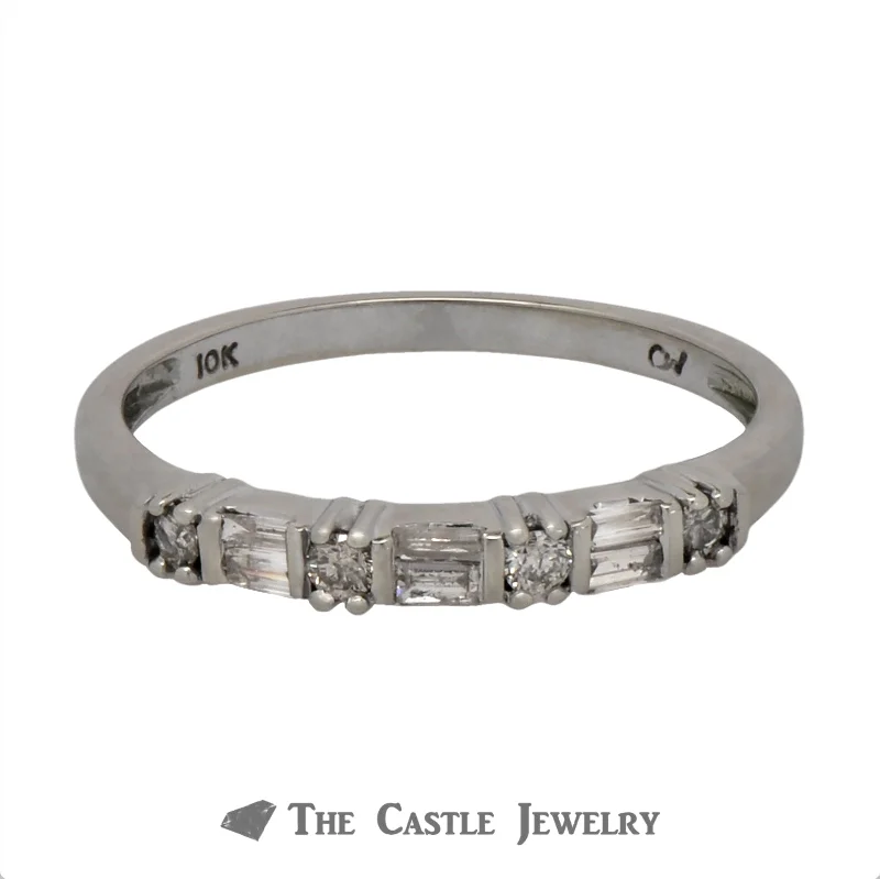 Custom Diamond Wedding Band-Baguette & Round Diamond Wedding Band in 10k White Gold