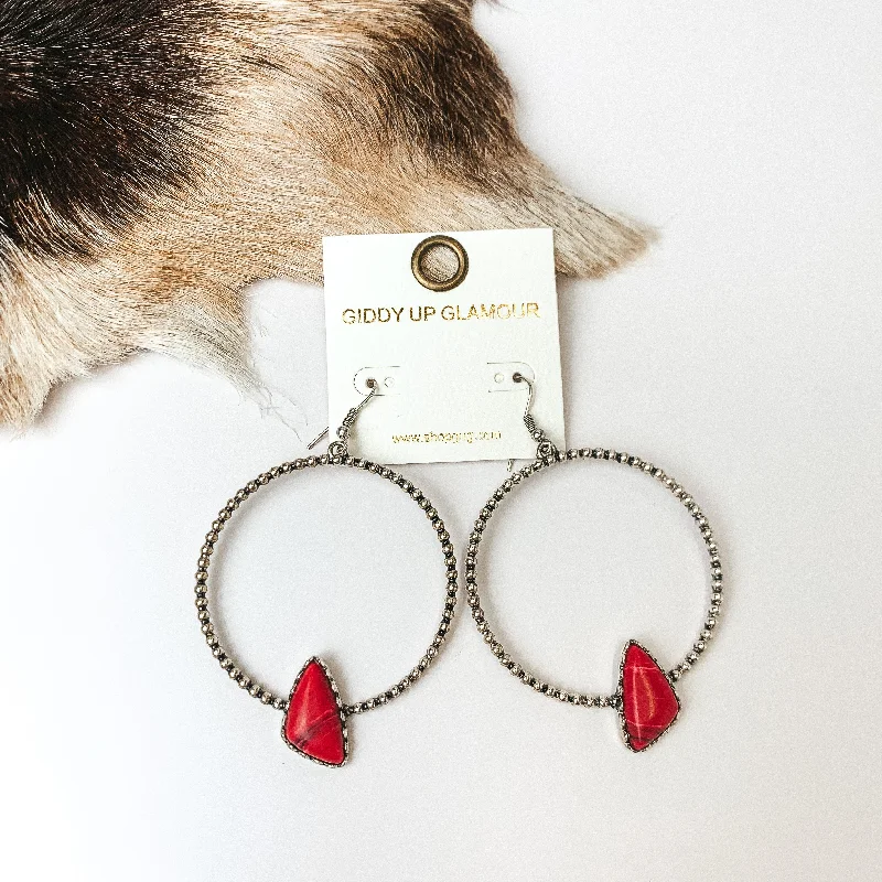 Crystal and Pearl Earrings-Silver Tone Textured Hoop Earrings with Red Stone