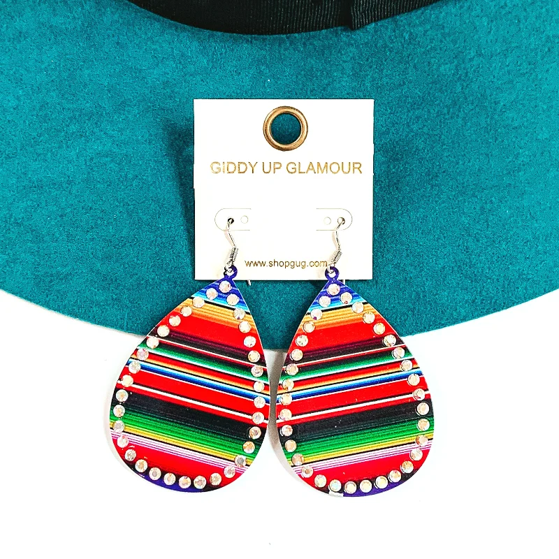 Wedding Earrings with Silver-Serape Print Teardrop Earrings with AB Crystals in Red Mix