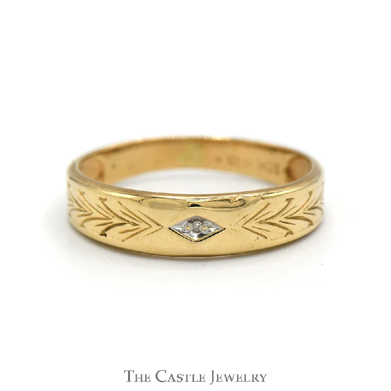 Diamond Ring with Gold Band-Tapered Wedding Band with Ornate Engraving and Diamond Accent in 10k Yellow Gold