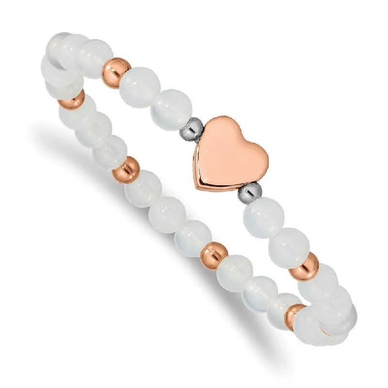 Custom Gemstone Bracelet for Brides-Stainless Steel Rose IP-plated Heart White Agate Stretch Bracelet