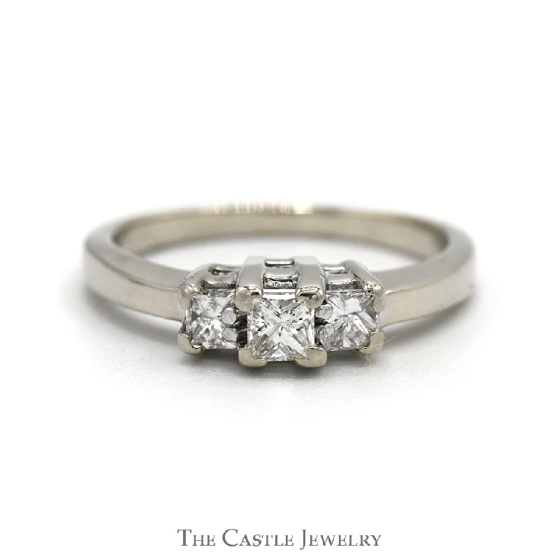 Modern Engagement Ring-Three Stone Princess Cut Diamond Engagement Ring in 14k White Gold