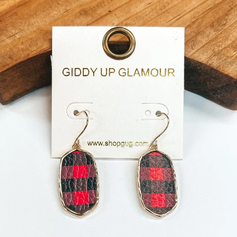 Chic Hoop Earrings-Rectangular Gold Drop Earrings in Red and Black Buffalo Plaid