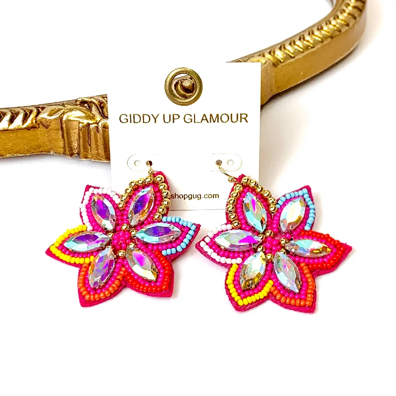 Dainty Gold Earrings-Desert Daisy Multicolored Flower Shaped Earrings with AB Crystal Accents in Fuchsia Pink