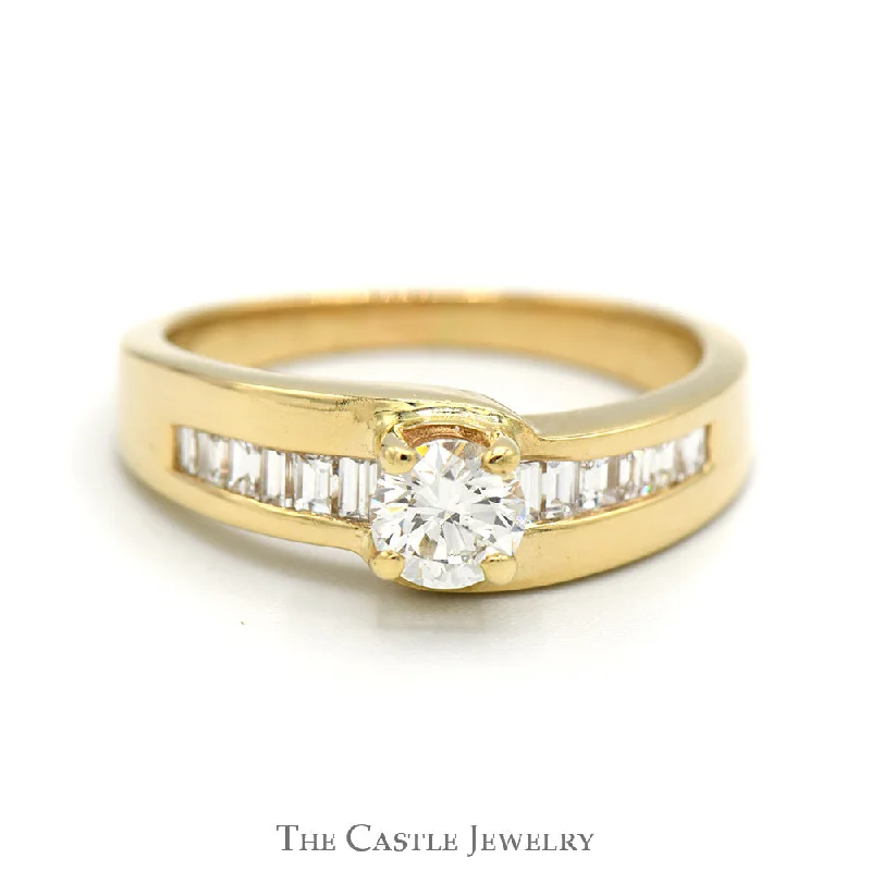 Silver Ring with Diamonds-1cttw Round Diamond Solitaire Engagement Ring with Channel Baguette Cut Diamond Accents in 14k Yellow Gold