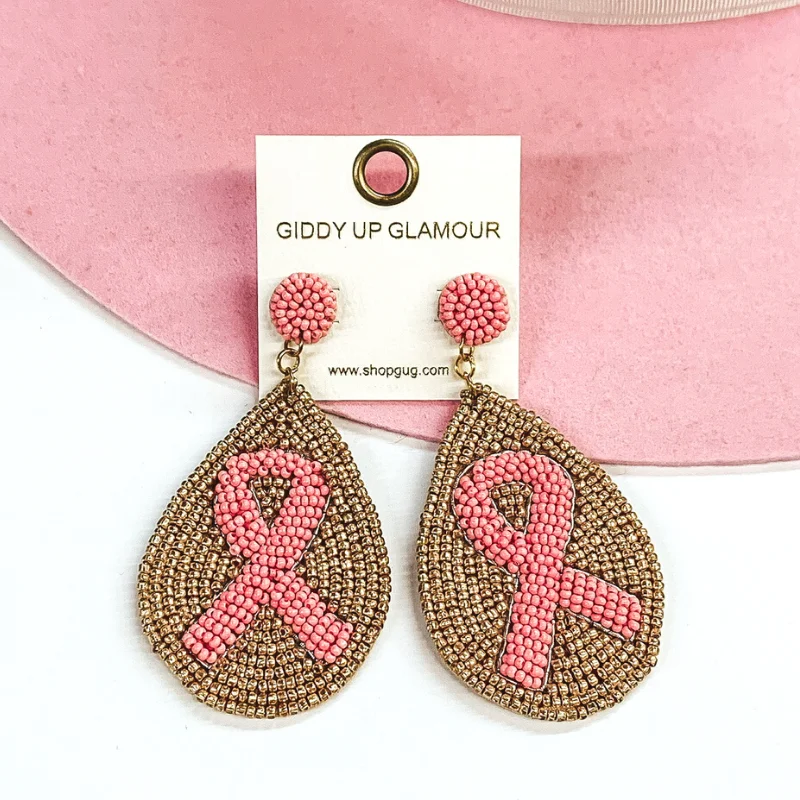 Large Hoop Earrings for Women-Teardrop Seed Beaded Pink Ribbon Earrings in Gold