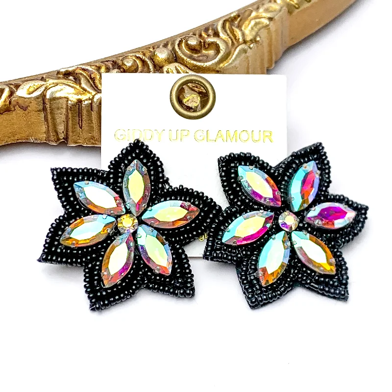 Birthstone Earrings for December-Prismatic Petals Seed Bead Flower Stud Earrings with AB stones in Black