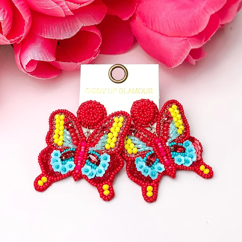 Elegant Pearl Stud Earrings-Beaded Summertime Butterfly Earrings in Red, Yellow, and Blue