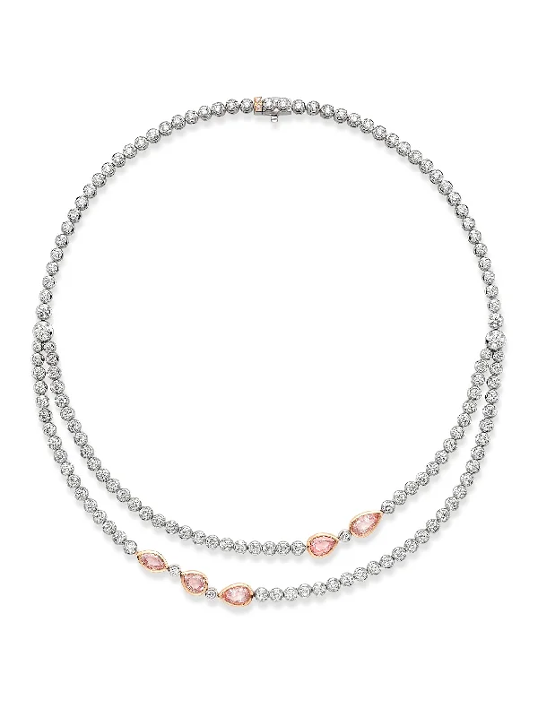 Layered Necklace for Women-Classic Double Row White and Pink Diamond Collar