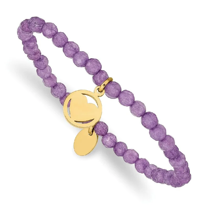 Simple Gold Cuff Bracelet-Stainless Steel Polished Yellow IP Heart Light Purple Jade Stretch Bracelet