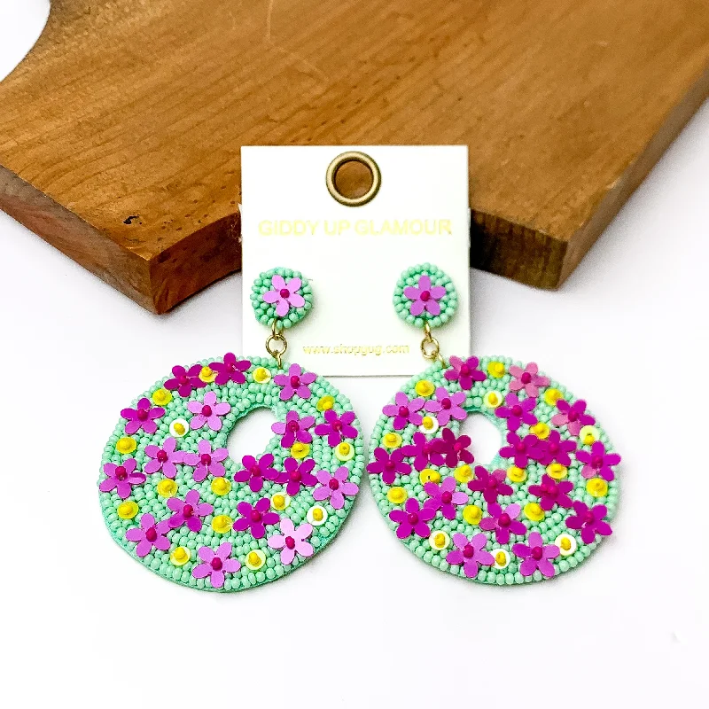 Classic Stud Earrings-Mint Green Beaded Circular Drop Earrings with Floral Designs