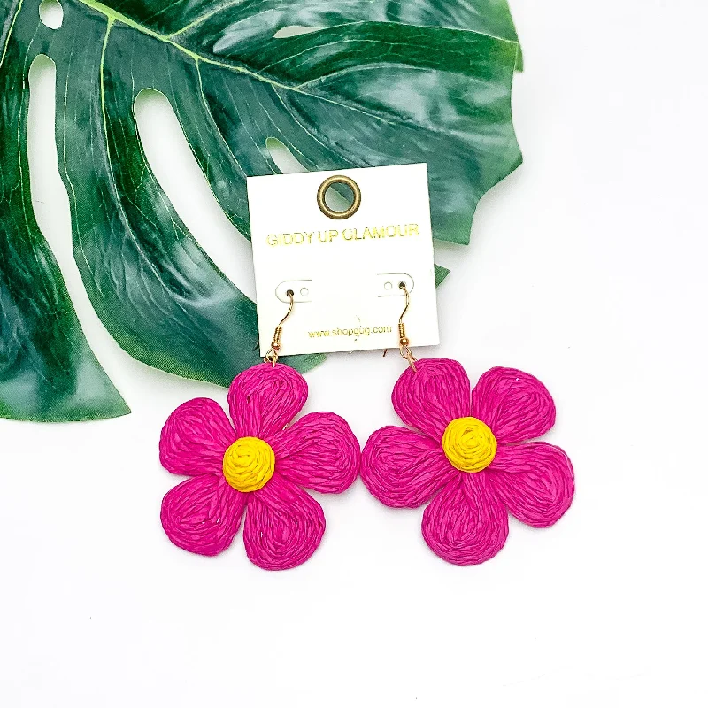 Bohemian Style Earrings-Darling Daisy Raffia Wrapped Flower Earrings in Hot Pink