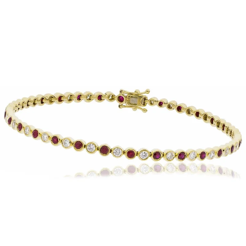 Personalized Silver Bracelet with Diamonds-18ct Yellow Gold Ruby and Diamond Rubover Set Bracelet