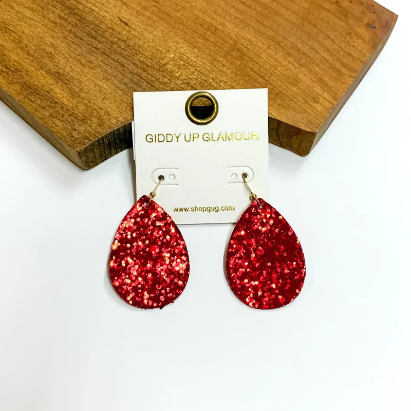 Sparkling Silver Earrings-Glitter Teardrop Earrings in Red