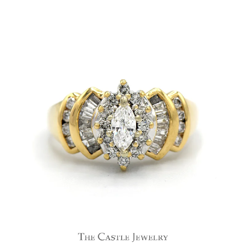 Custom Ruby Engagement Ring-3/4cttw Marquise Cut Diamond Solitaire with Round & Baguette Accents in 14k Yellow Gold