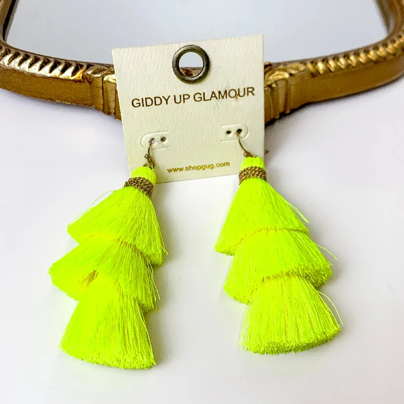 Colorful Drop Earrings-Three Tiered Tassel Earrings in Neon Yellow