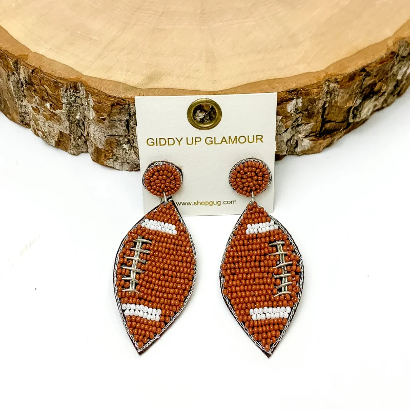 Silver Earrings with Diamonds-Beaded Football Earrings in Silver with Brown and White Detailing