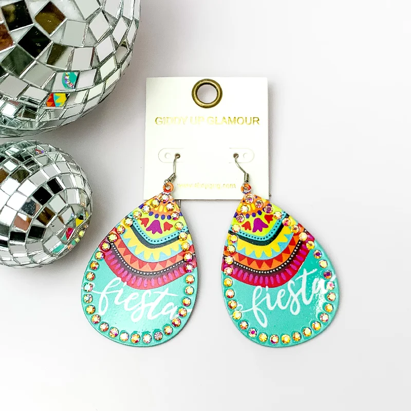 Artistic Dangle Earrings-Fiesta Teardrop Earrings with AB Crystal Outline in Turquoise