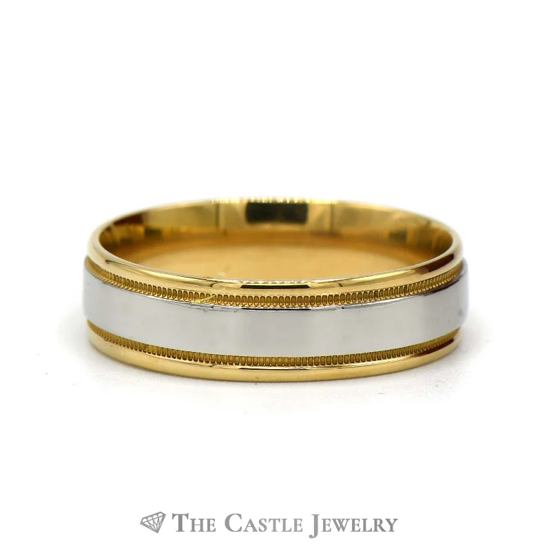 Custom Wedding Ring Set-Two Tone 18k Yellow Gold and Platinum 6.75mm Wedding Band with Milgrain Edge