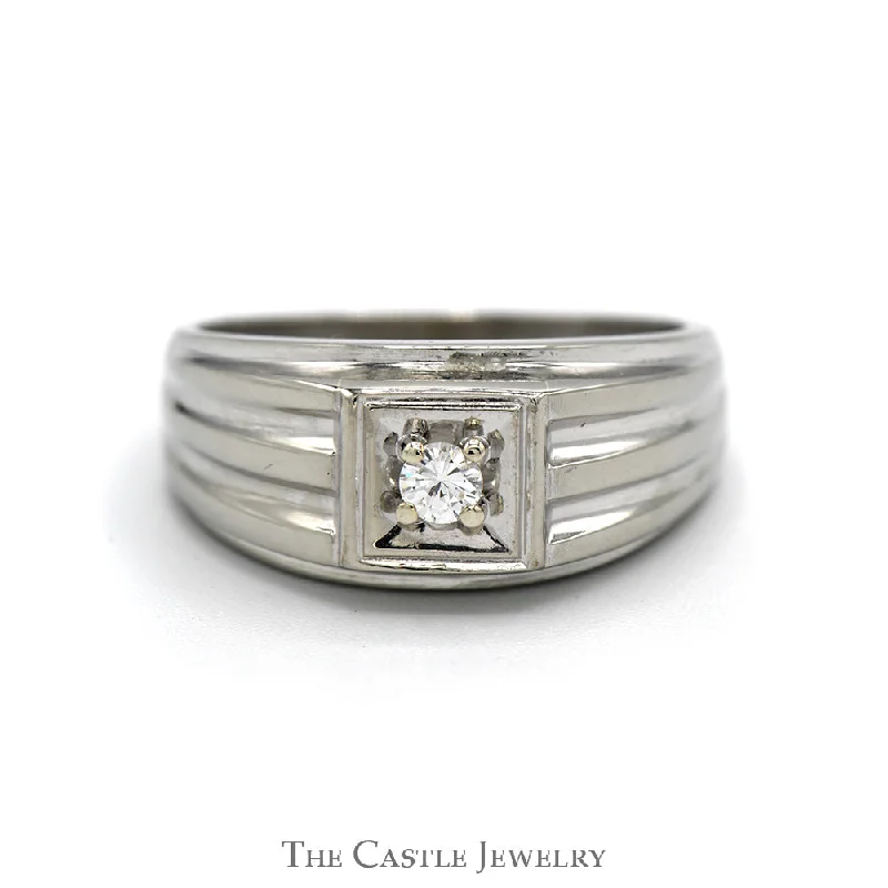 Custom Wedding Band-.10ct Round Diamond Solitaire Men's Ring with Ridged Sides in 10k White Gold