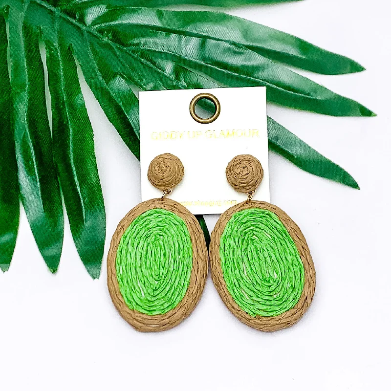 Luxury Bridal Earrings-Brunch Bash Raffia Wrapped Oval Earrings in Light Green