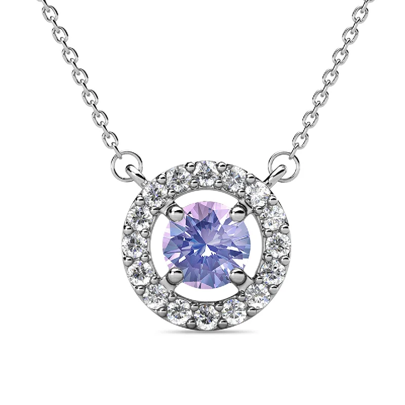 Silver Necklace with Pearls-Royal 18k White Gold Plated June Birthstone Halo Necklace with Round Cut Alexandrite Swarovski Crystals