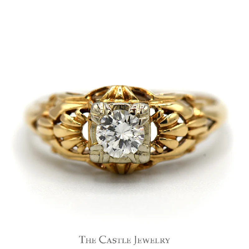 Unique Gold Engagement Ring-.33ct Round Diamond Antique Style Ring in 14k Yellow Gold