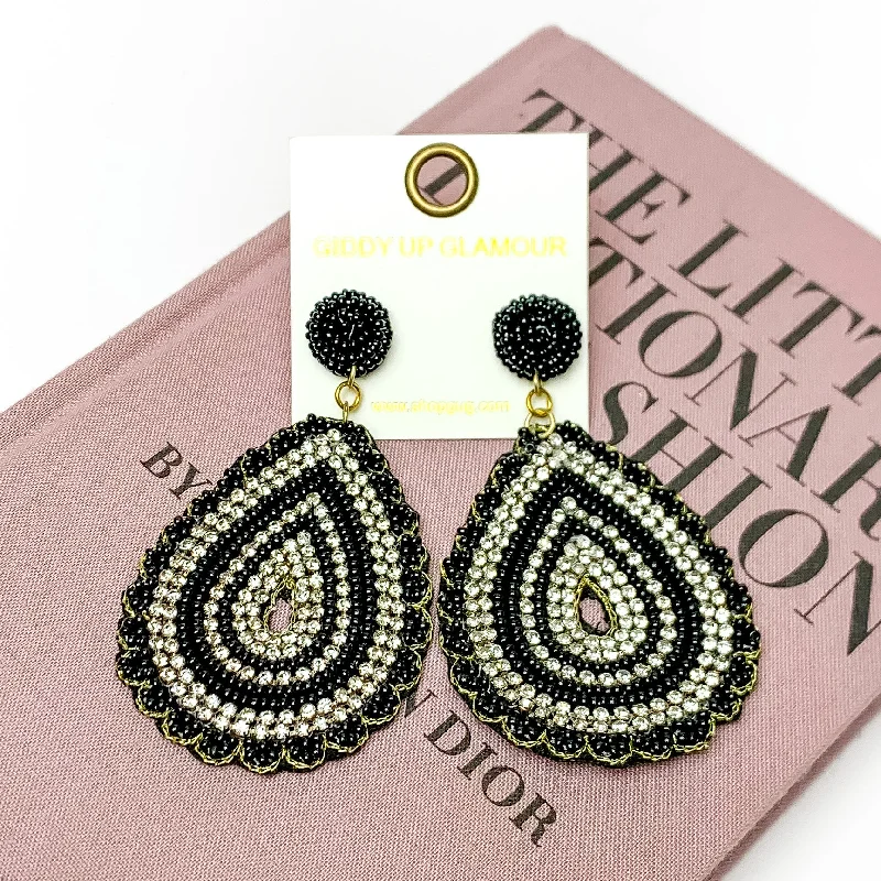 Elegant Pearl Stud Earrings-Sound Wave Beaded Teardrop Earrings with Clear Crystals in Black