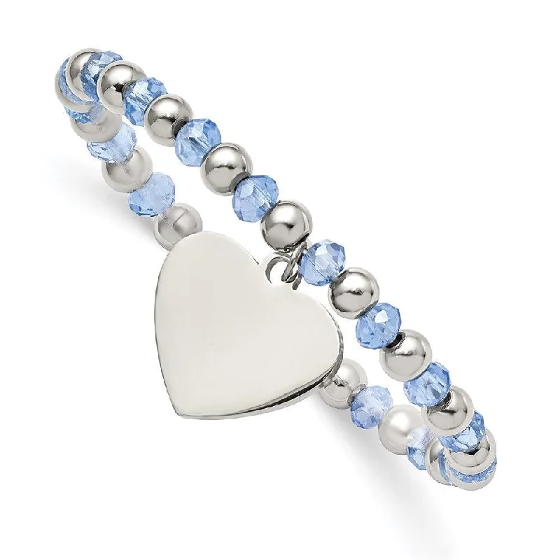 Elegant Crystal Bracelet for Weddings-Stainless Steel Polished w/Blue Glass Beads Heart Dangle Stretch Bracelet