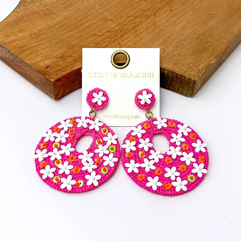 Unique Design Earrings-Fuchsia Pink Beaded Circular Drop Earrings with Floral Designs