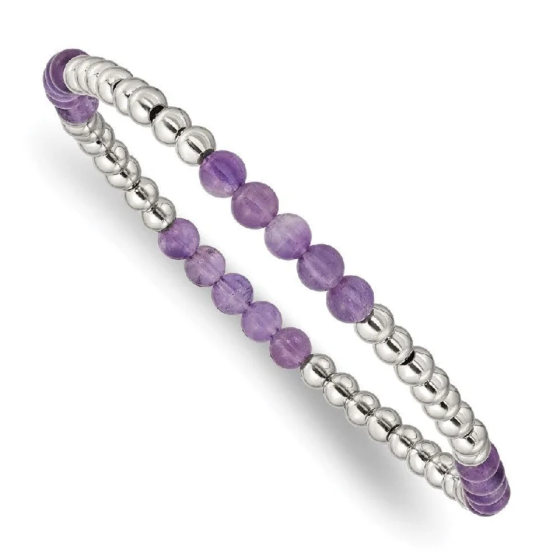 Men’s Stylish Bracelet-Stainless Steel Polished Purple Zebra Amethyst Beaded Stretch Bracelet