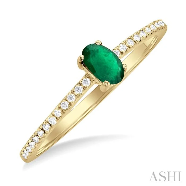 Silver Ring for Women-1/10 ctw Petite 5X3MM Oval Cut Emerald and Round Cut Diamond Precious Fashion Ring in 10K Yellow Gold