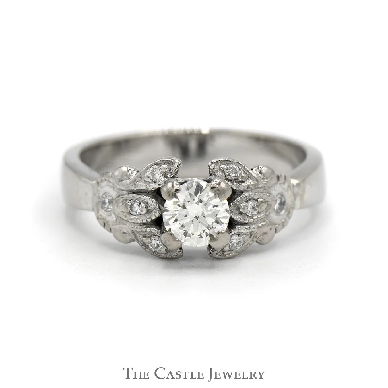 Stunning Platinum Engagement Ring-1/2ct Diamond Engagement Ring with Diamond Accented Floral Design in 10k White Gold