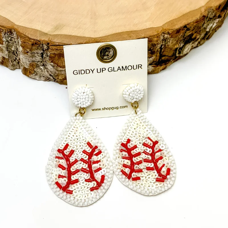 Stylish Dangle Earrings-Sequin Teardrop Baseball Earrings in White