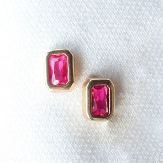 Stylish Hoop Earrings-Kinsey Designs | Brooks Gold Tone Rectangular Stud Earrings with Fuchsia Pink CZ Crystals