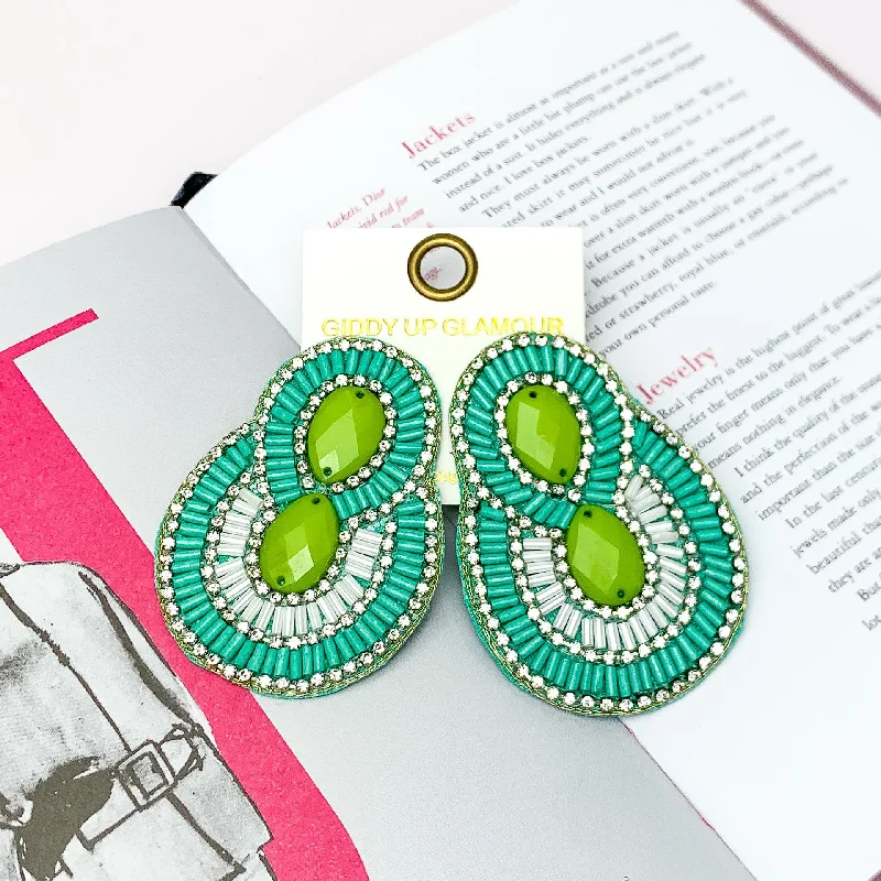 Large Stud Earrings-Dazzling Oval Earrings Outlined in Clear Crystals with Beads in Green