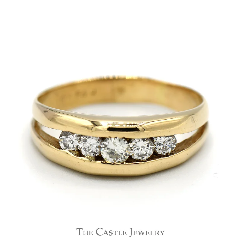 Fashionable Engagement Ring Set-Men's Raised 1/2cttw 5 Channel Set Diamond Band in 14k Yellow Gold