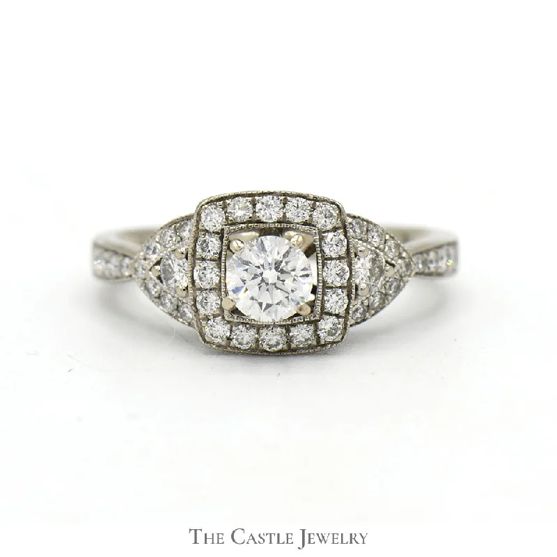 Classic Gold Ring-Round Diamond Engagement Ring with Square Shaped Diamond Halo and Accents in 14k White Gold