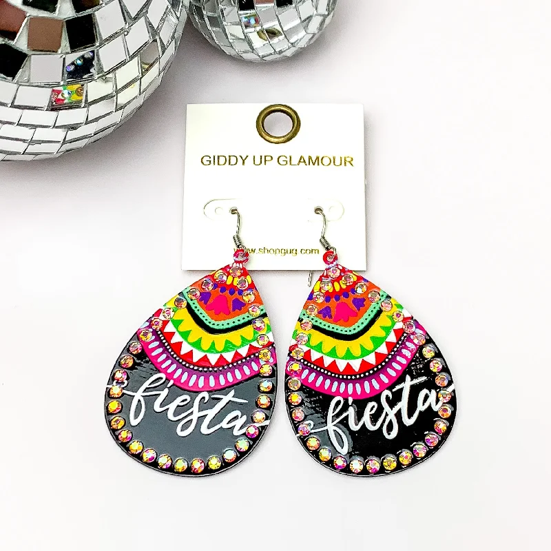 Classic Stud Earrings-Fiesta Teardrop Earrings with AB Crystal Outline in Black