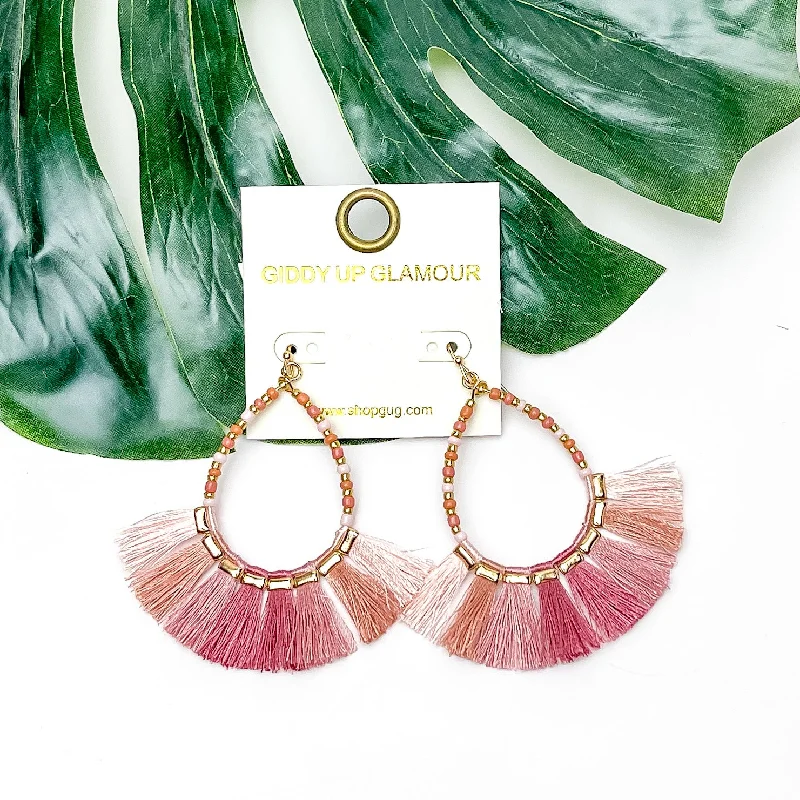 Beautiful Drop Earrings-Beaded Open Teardrop Earrings With Fringe Bottom in Pink Tones