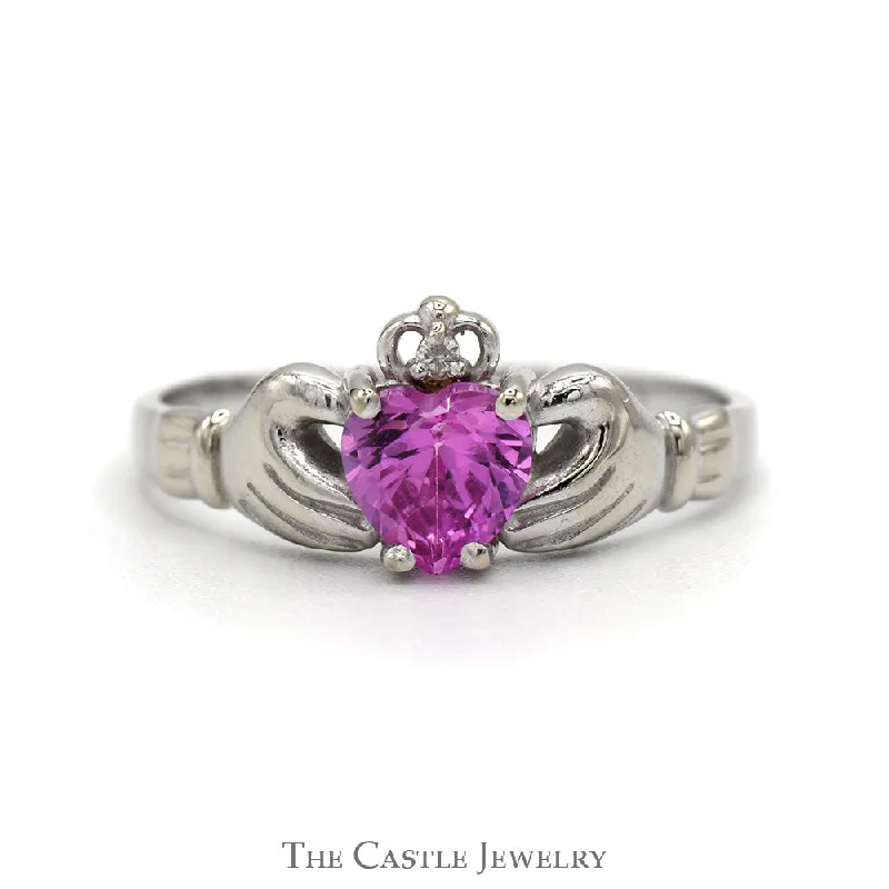 Simple Gold Wedding Band-Heart Shaped Synthetic Pink Sapphire Claddagh Ring with Illusion Set Diamond Accent in 14k White Gold