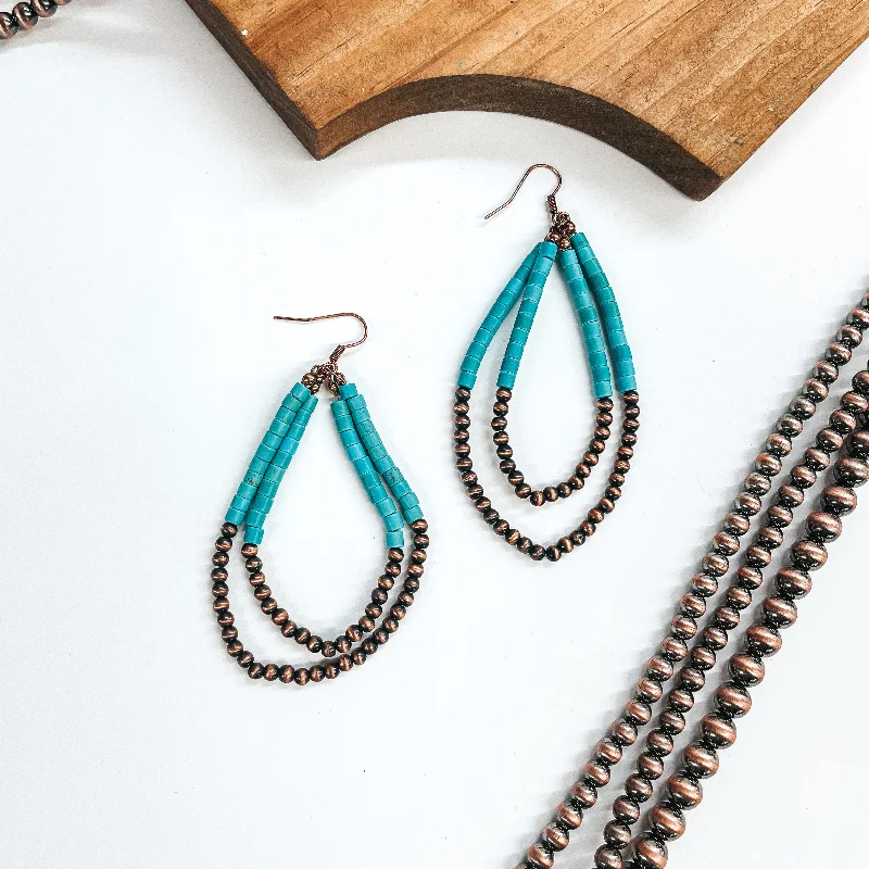 Sparkling Silver Earrings-Singing Along Layered Faux Navajo Beaded Teardrop Earrings in Turquoise and Copper Tone