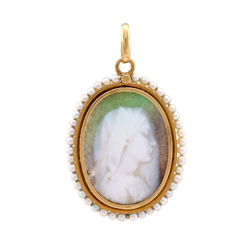 Classic Crystal Necklace-Antique Pearl 18K Yellow Gold Cameo Pendant