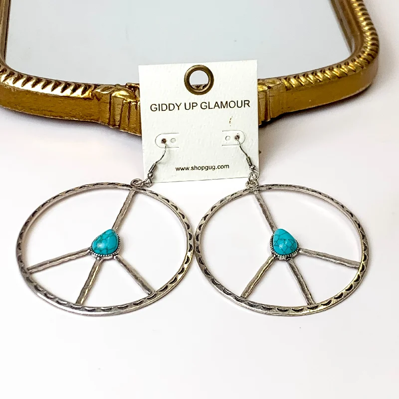 Luxury Drop Earrings-Silver Tone Etched Peace Sign Drop Earrings with Faux Turquoise Stone Accent