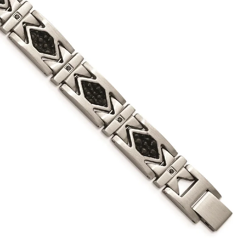 Handmade Beaded Bracelet-Stainless Steel Leather Black CZ Brushed Bracelet