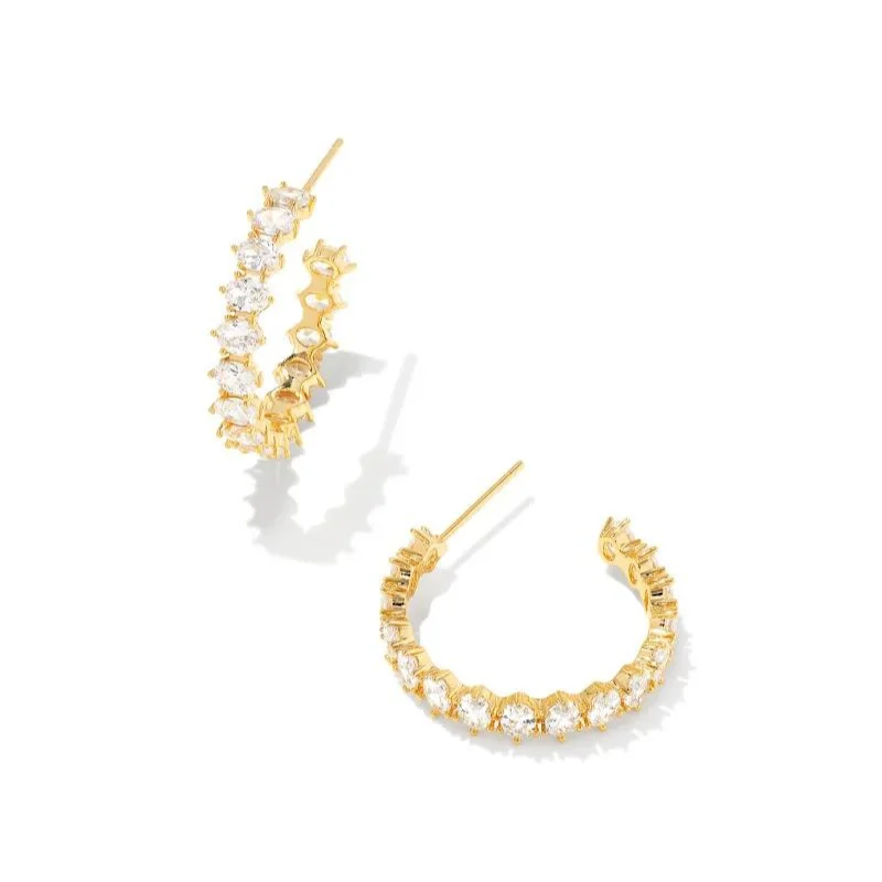 Wedding Earrings with Pearls-Kendra Scott | Cailin Gold Crystal Hoop Earrings in White Crystal