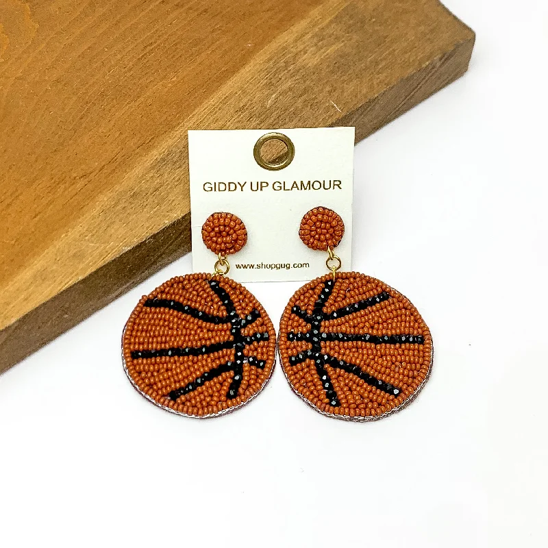 Gemstone Stud Earrings-Basketball Circular Beaded Earrings in Brown