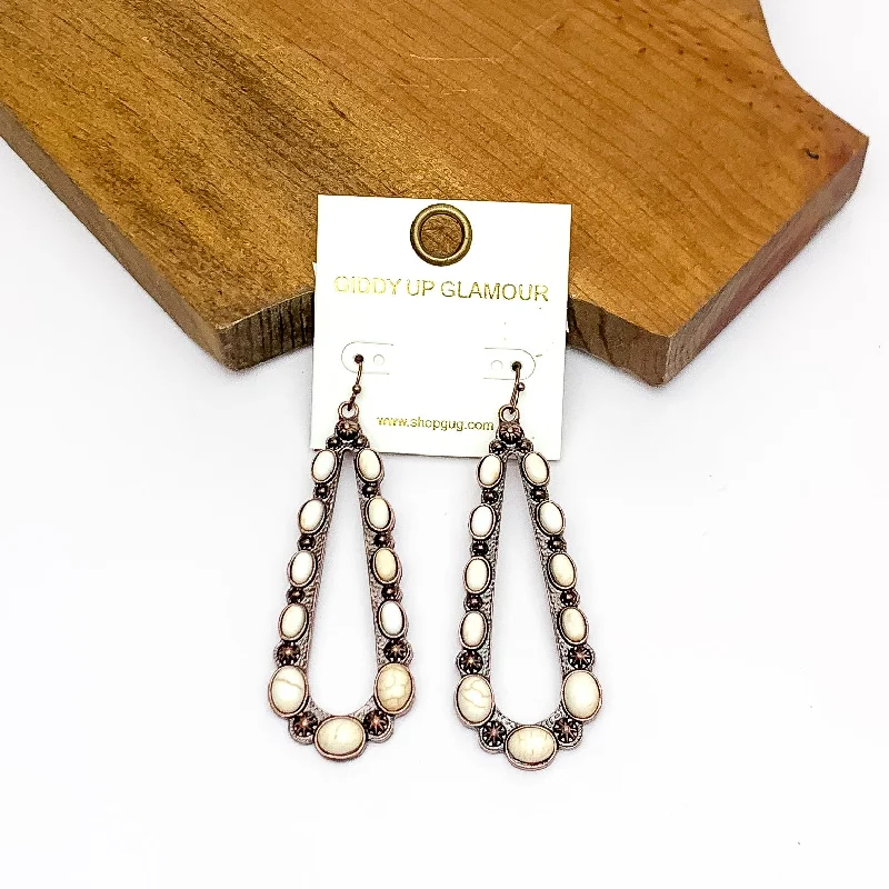 Cute Butterfly Earrings-Copper Tone Open Teardrop Earrings With Stones in Ivory